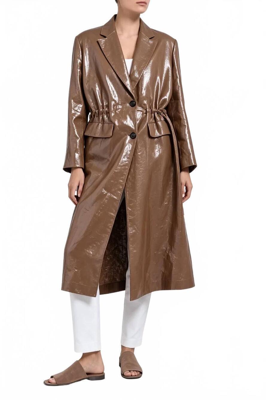 NEW BRUNELLO CUCINELLI high-shine trench coat in camel brown